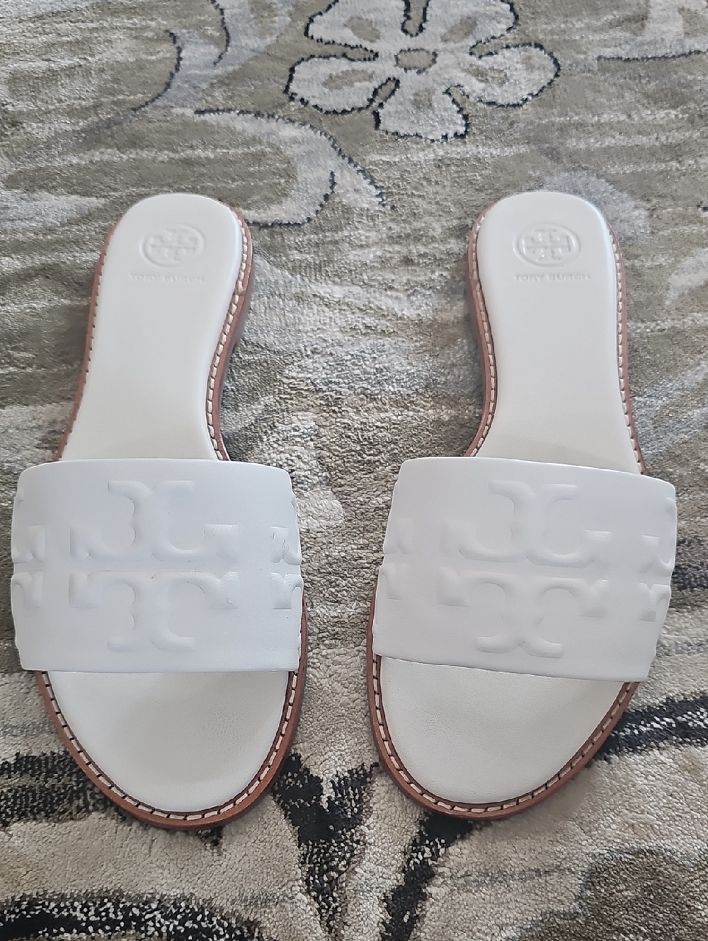 Tory Burch White Embossed Logo Slide Sandals